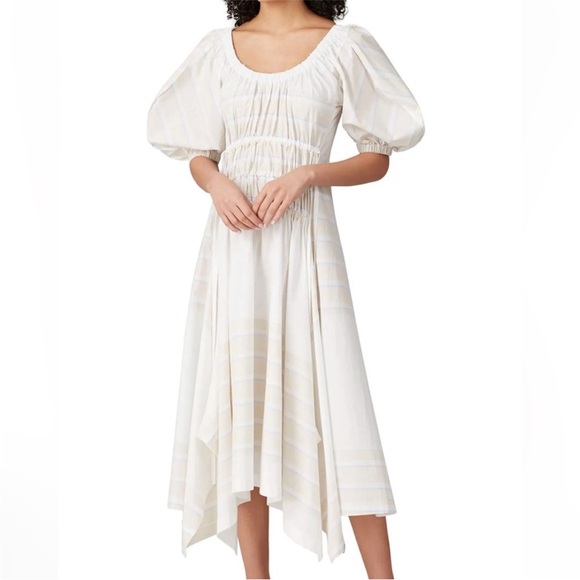 Eudon Choi Pina Puff Sleeve Tie Back Smocked Scoop Neck Asymmetric Midi Dress XS - Picture 1 of 6